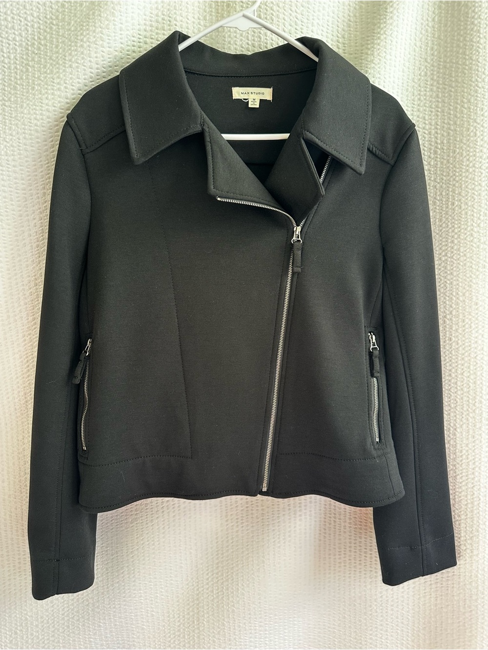 MAX STUDIO Black Moto Jacket Asymmetrical Zip Stretch Knit Women’s Medium Crop